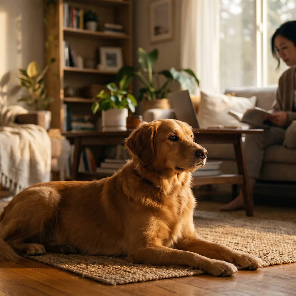 Cão deitado observando atentamente a tutora, um dos sinais de comunicação animal
