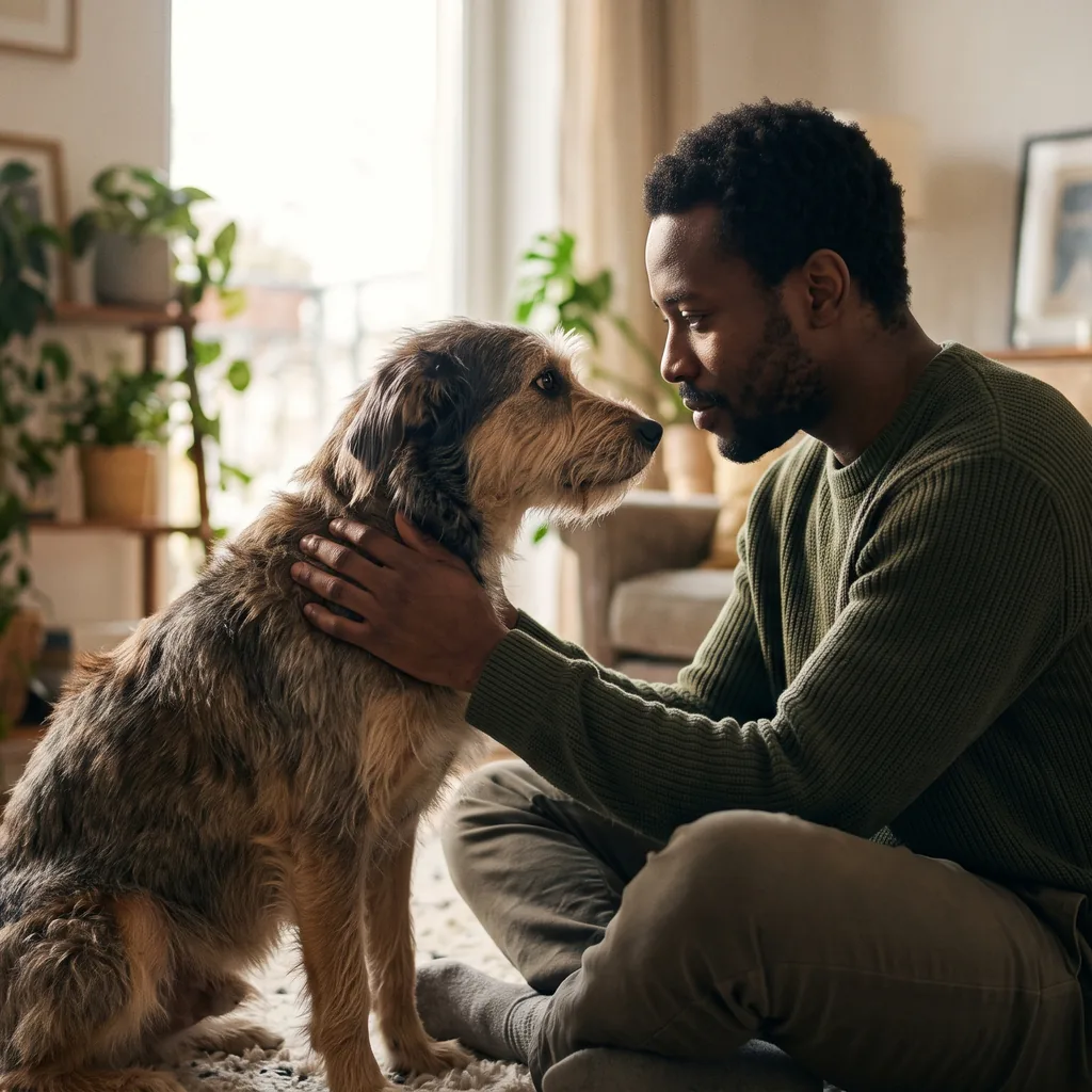 Tutor sentado no chão olhando nos olhos do seu cão, ilustrando como animais se comunicam com tutores