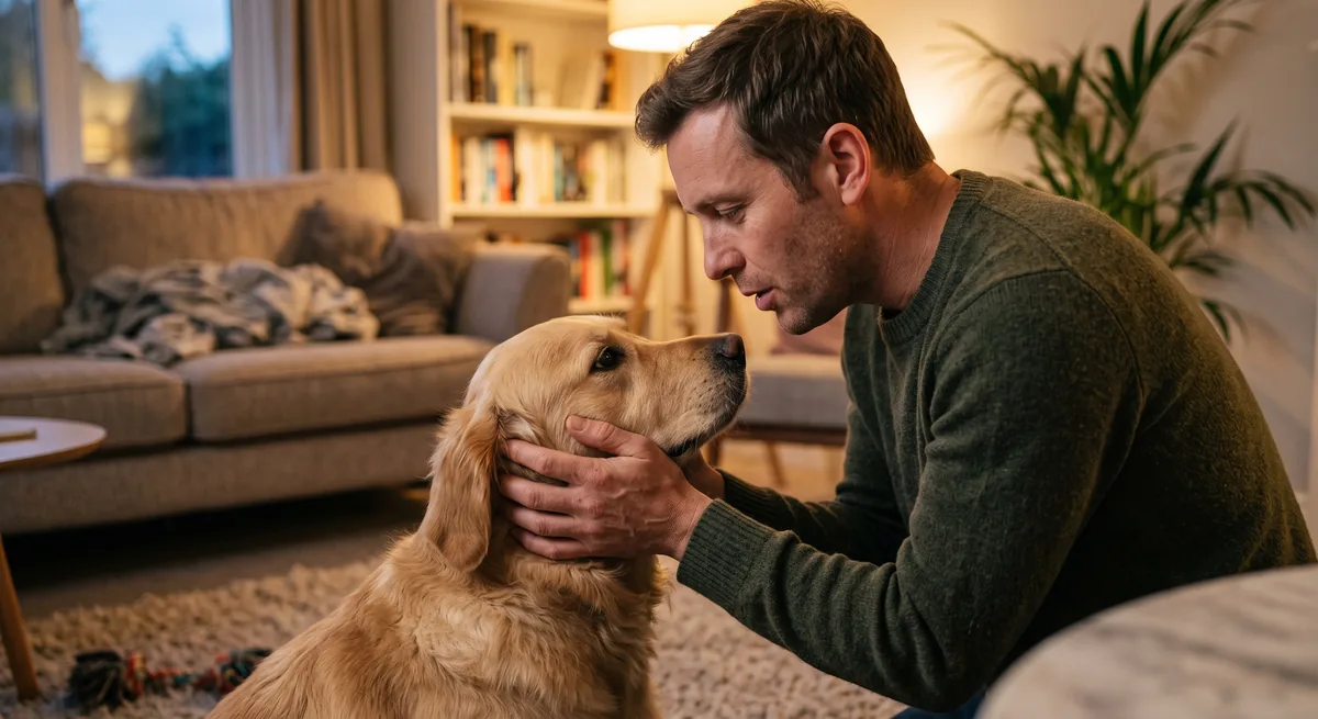 Tutor conversando de perto com o cão, mão no peito do animal, em um momento de calma